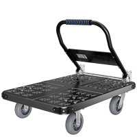 Chariot de manutention industriel robuste en acier gaufré avec poignée pliable, 4 roues, chariot à main d'entrepôt, roulettes en PU noires, OEM
