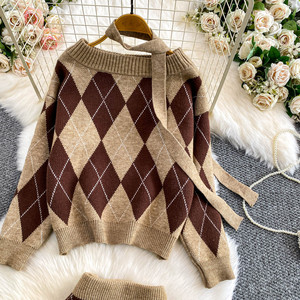 Women'S Chic Off Shoulder Ribbon <strong>Sweater</strong> With Diamond Pattern <strong>Knit</strong> Skirt Two Piece Set for Petite - Product Image 5