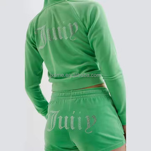 Custom Logo Strass Velours Crop Set Twee Stuks Trainingspak Bijpassende 2 Stuks Set Met Ritssluiting Fluwelen Sweatshirt Voor Vrouwen - Product Image 4