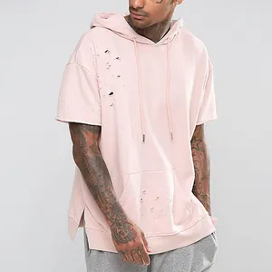 Custom Men Streetwear 100% Cotton French Terry Blank Oversized Short Sleeve Distressed Hoodie