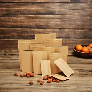 Gravür baskı gıda ambalaj için şeffaf pencere ile düz Kraft kağıdından poşet şeker Zip Kraft kağıt kapatılabilir paket geri dönüştürülebilir
