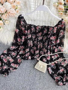 Kadınlar çiçek gömlek dantel up fırfır seksi kapalı omuz üst Blusas pileli streç ince bel kısa mahsul üst bluz - Product Image 4