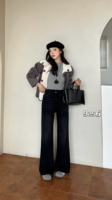 Jeans évasés sur mesure pour femmes grandes tailles, design délavé et vieilli, anti-décoloration, pantalon en jean noir élastique taille haute pour femmes
