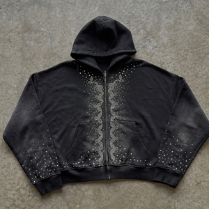Sudadera con capucha negra personalizada para hombre, estilo desgastado, de tela gruesa, con efecto descolorido por el sol, con cremallera y pedrería, para fabricantes - Product Image 1