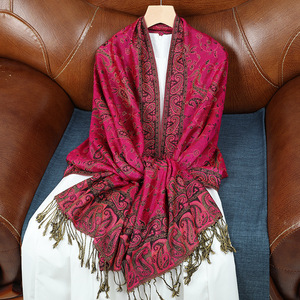 ROYAUMANN Luxury Hot Selling Ethnic Women's Summer Long Scarves Jacquard Paisley Color Blocking Faux <b>Pashmina</b> Cotton Acrylic - Product Image 2