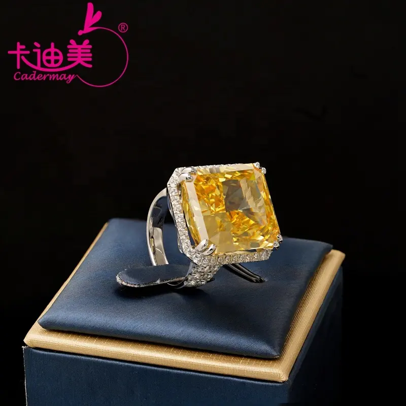 Cadermay Trang Sức 925 Sterling Silver Iced Nghiền Nát Vàng CZ 18X20 & Moissanite Kim Cương Lớn Nhẫn Đính Hôn Nhẫn Cưới