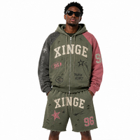 Ensemble de survêtement deux pièces streetwear pour homme, personnalisé, vintage, délavé et vieilli, avec sweat à capuche zippé color block brodé et short