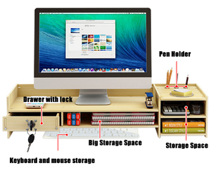 De bambú <span class=keywords><strong>Monitor</strong></span> elevador portátil con 3 niveles de almacenamiento de escritorio organizador cajón con cerradura - Product Image 3
