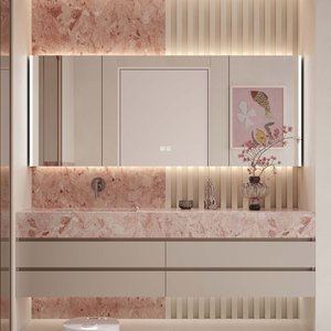 Mueble de Baño Moderno con <span class=keywords><strong>Lavabo</strong></span> de Cerámica Integrado, Personalizable, con Espejo Inteligente de Pared y Tablero de Piedra <span class=keywords><strong>Rosa</strong></span> - Product Image 1