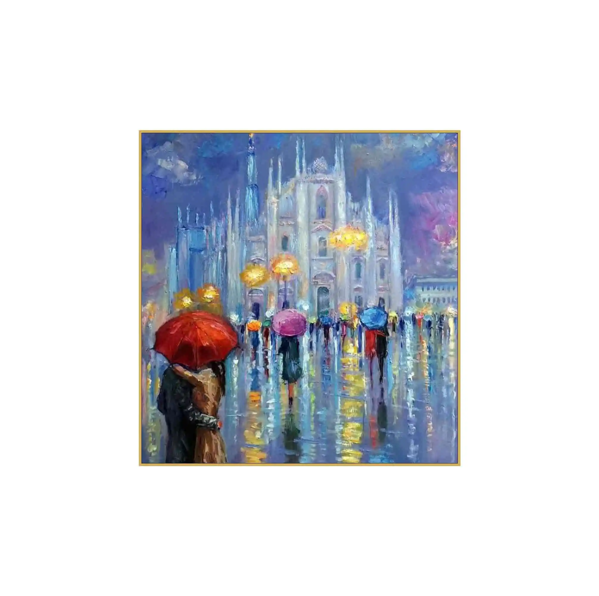 Beautiful hand painted vividly colorful street landscape oil painting with frame on canvas wall art for home decor