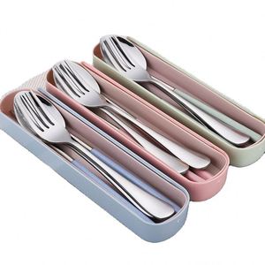 Ensemble de couverts portables pour étudiants en acier inoxydable, baguettes, fourchette, cuillère, trois pièces, essentiel pour le camping, les voyages en plein air - Product Image 1