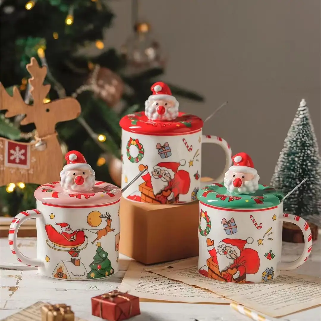 Noel baba hediye seramik noel kupası kapaklı renkli kolu kupa toptan ucuz seramik kupa tatil için