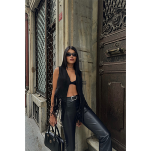 Chaleco de Gamuza con Flecos para Mujer, Prenda Exterior Negra, Pieza de Moda - Product Image 2
