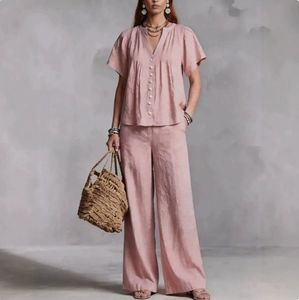 Nouvel ensemble décontracté pour <span class=keywords><strong>femme</strong></span> en coton et lin à col en V, style européen et américain, idéal pour les vacances à la plage - Product Image 4