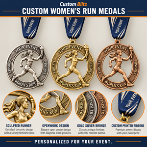 Custom Women's Running Finisher Medals with Openwork Torch Runner Relief in Gold <b>Silver</b> Bronze and Personalized Event <b>Ribbons</b> - Product Image 4