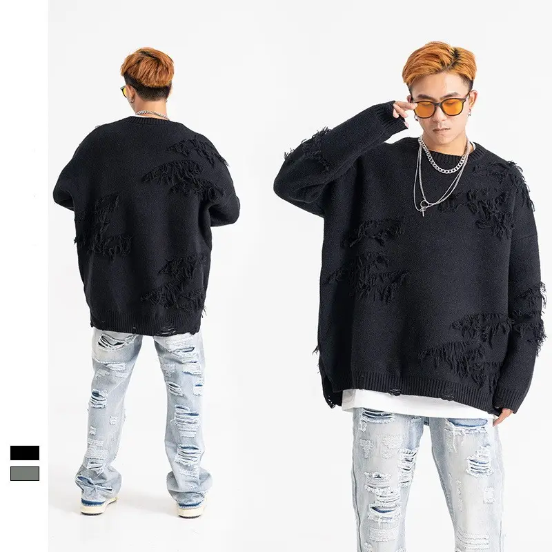 men long sleeve knitted men's sweater spring pullover cotton crew neck men's knit sweater oversize hole sweater
