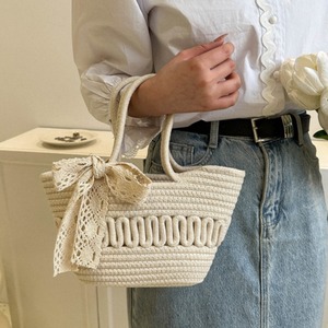 French Style Bow Knot Woven Tote Bag For Women Solid Color Lace <b>Material</b> Horizontal Square Shape Everyday Outfits Spring 2023 - Product Image 1