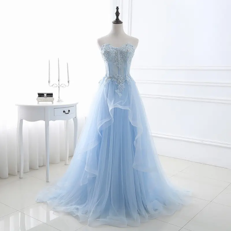 Vestido de noiva de Tul Vestido de noite azul barato com ombro de fora Quinceanera
