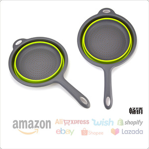 Collapsible <b>Plastic</b> Round <b>Colander</b> Foldable Strainer For Vegetables And Fruit Storage With Handle Gray And Green - Product Image 4