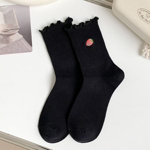 景文批发定制高品质樱桃花草莓刺绣木耳边缘纯色棉无骨女袜 - Product Image 5