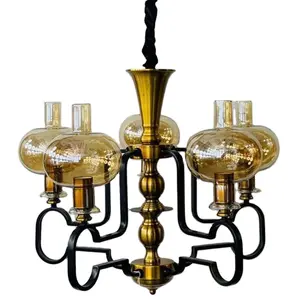 Lampu Gantung Rantai Dekoratif, Lampu Gantung Mewah Berwarna Perunggu Antik Gaya Amber Glass Shade (2208-5)