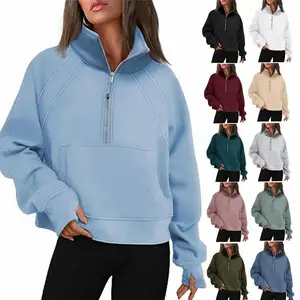 2023 Fall Outfits Clothes Thumb Hole Half Zip Cropped Pullover Fleece Quarter Womens Sweatshirts Zipper Hoodies