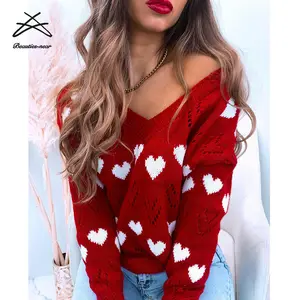 New Heart Knitted Damen pullover Aushöhlen V-Ausschnitt Langarm Damen Sweet Sweaters Herbst Casual Female Pullover Top