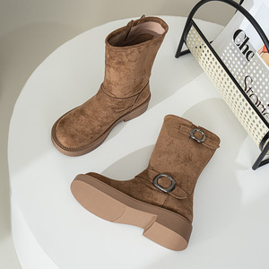 Nuevas Botas de Media Pantorrilla Estilo <span class=keywords><strong>Biker</strong></span> con Hebilla Metálica Retro, Punta Redonda, Aspecto Desgastado, de Microfibra, Impermeables, para Otoño/Invierno - Product Image 3