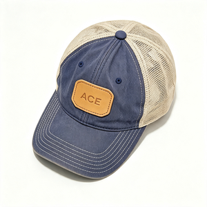 Custom Washed 100% Cotton Canvas Trucker <b>Hat</b> Leather Patch ACE Logo Breathable Mesh Back Vintage Trucker Cap Outdoor <b>Summer</b> - Product Image 4