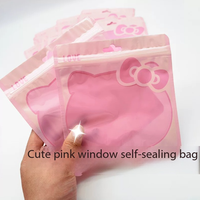 Sacs refermables personnalisés en gros avec logo de chaton de dessin animé, fenêtre transparente et trou de suspension pour bijoux, lunettes, bracelets et accessoires