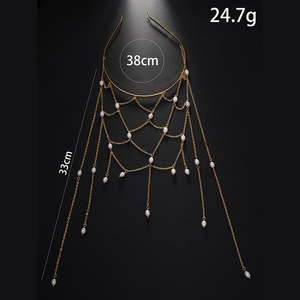 Chaîne de tête en <span class=keywords><strong>filet</strong></span> doré avec perles - Chaîne de cheveux bohème à pampilles avec perles d'imitation, coiffe en maille pour femme, idéale pour festivals et mariages - Product Image 2