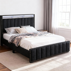 เตียงนอนสีดำขนาดควีนไซส์ 1 ตัว ปรับระดับได้ ดีไซน์ทันสมัย พร้อมชั้นวางของ ไฟ LED ตกแต่งด้วยผ้ากำมะหยี่แบบ Tufting และหมุดโลหะ เฟอร์นิเจอร์ห้องนอน - Product Image 1