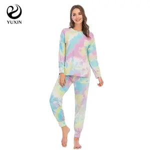 Long Pajamas Set Cotton Printed with Pants Round Neck Tie Dye T-shirt new style hot for women
