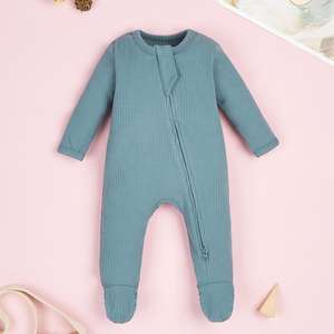 新生儿春季棉氨纶长袖实心脚拉链连身衣婴儿睡衣 - Product Image 1