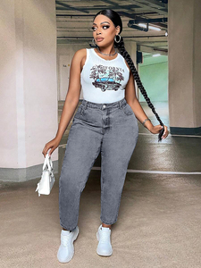 <span class=keywords><strong>Jeans</strong></span> grigiastro a vita alta taglie forti per donna <span class=keywords><strong>Jeans</strong></span> da mamma aderenti elasticizzati, pantaloni Skinny in Denim per donna - Product Image 4