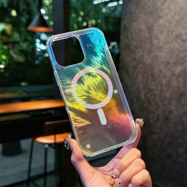 For iPhone 16 15 14 Holographic Feather Design Magnetic TPU Case Cute Slim Shockproof Protective Cover Trendy Soft INS Styles
