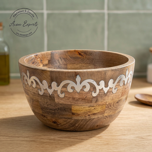 Luxury Quality Handcrafted <b>Mango</b> <b>Wood</b> <b>Bowl</b> with Metal Inlay Used for Serving Salads and Noodles - Product Image 1