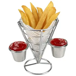 Metal Cone Snack Fried Chicken Display Rack Wire French Fries Stand Cone Basket Fry Holder with Sauce Dippers for Kitchen