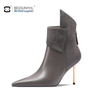 <span class=keywords><strong>Bottines</strong></span> <span class=keywords><strong>Chelsea</strong></span> d'hiver pour femmes à bout pointu, talons hauts, fermeture éclair, patchwork en crin de cheval, détails métalliques, design tendance, vente en gros - Product Image 2