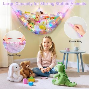 Stuffed Animal Hammock Large Triangular Net Storage Organizer With <b>Led</b> <b>Light</b> For Kids Room <b>Corner</b> Hanging Toy Holder - Product Image 3