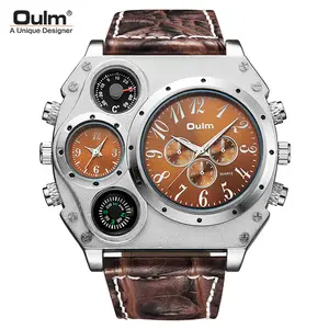 OULM 1349 Men Quartz Dual Time Big Face Compass Watch Leather Strap Watch Relogio Masculino