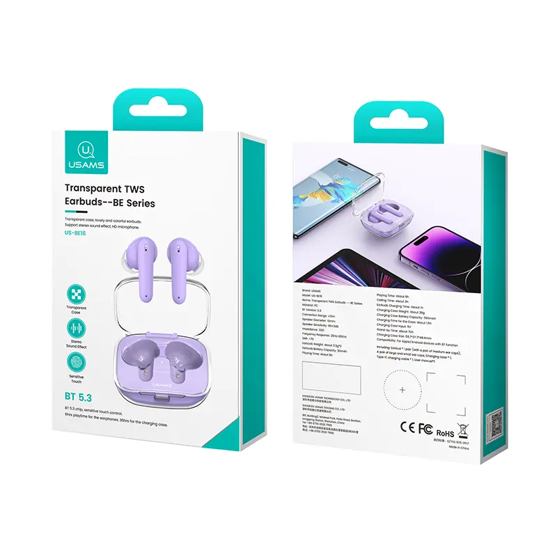 Mobile Headphone Low Price Oem USAMS BT5.3 US-BE16 Transparent TWS Earbuds For iPhone