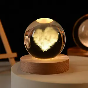 太阳能系统行星球激光3D室内雕刻小夜灯水晶球带木质底座发光二极管灯夜灯