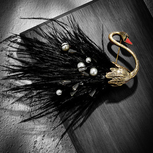 Stylish Alloy &amp; Ostrich Feather Brooch Pin Antique <strong>Black</strong> with <strong>Pearl</strong> for Women's Party Jewelry-Wedding &amp; Gift Ideas - Product Image 1