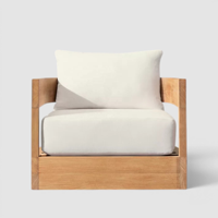 Fauteuil lounge en teck massif, fauteuil d'appoint minimaliste Japandi avec accoudoirs découpés et base sur socle pour chambre et balcon
