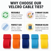 Lot de 50 attaches-câbles Velcro 5 couleurs, réutilisables et ajustables, avec boîte de rangement pour le tri des câbles