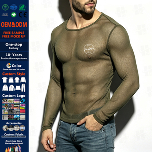 T-shirt Homme Personnalisé avec LOGO Imprimé, <span class=keywords><strong>Sexy</strong></span>, Manches Longues, Respirant, Musculation, Été, Doux, en Maille Transparente, Style Filet de Pêche - Product Image 1