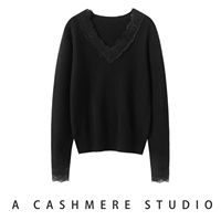 Pull en cachemire 100% à col en V, pull tricoté à bordure en dentelle pour femme, pull décontracté chaud, pull
