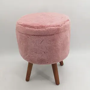 Móveis decorativos para casa, adorável rosa de coelho macio pele ottoman bolsa para armazenamento de quatro pernas de madeira redonda