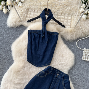 Conjunto Casual de Verano de 2 Piezas para Mujer, Top Tipo Túnica y Traje de <span class=keywords><strong>Mezclilla</strong></span> Ajustado, Conjuntos Deportivos al por Mayor - Product Image 2